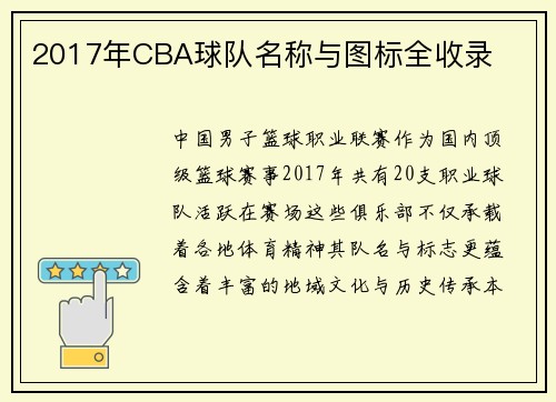2017年CBA球队名称与图标全收录